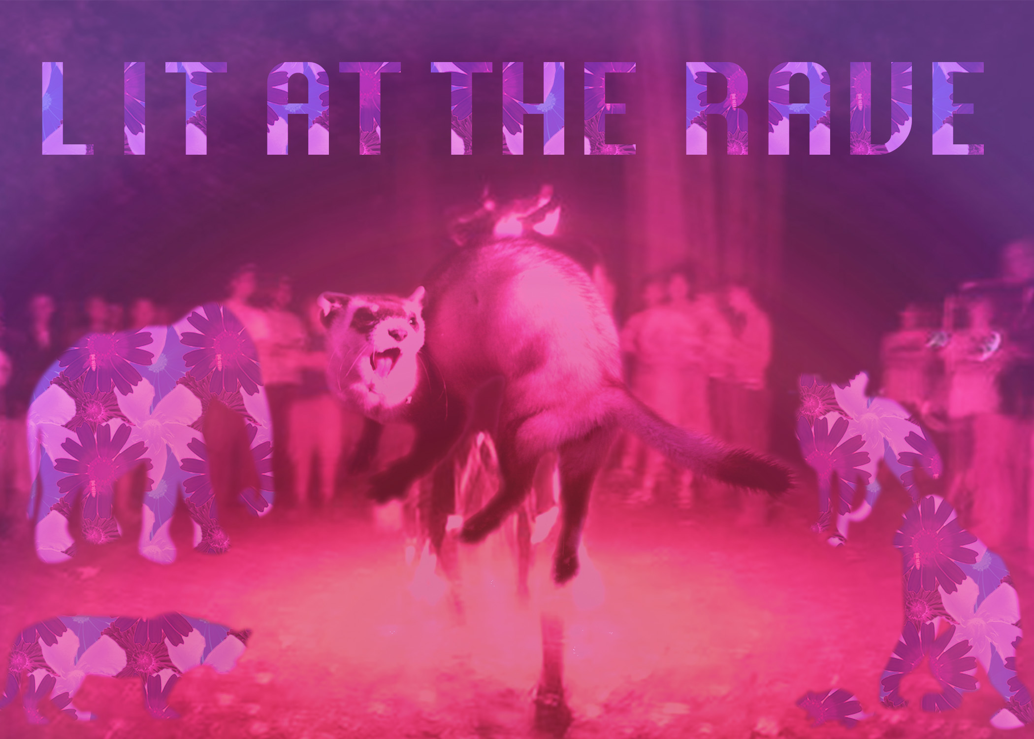 An image of a ferret and other animals and people dancing in the woods under pink lights.